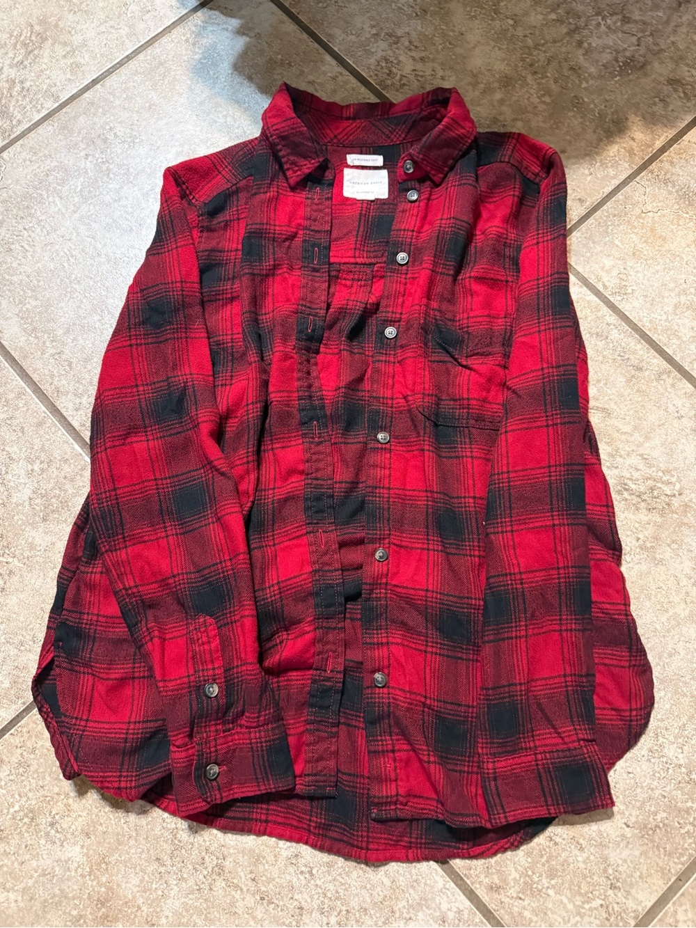 American Eagle Outfitters Red and Black Plaid Flannel Button-Up Shirt